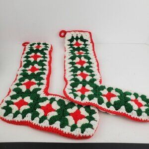 Vintage Granny Square Christmas Stocking Red Green and White 18" Tall Lot of 2